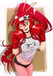  :d bandaid bandaid_on_nose boxing_gloves boxing_headgear boyaking breasts covered_nipples gym_uniform large_breasts long_hair midriff name_tag one_eye_closed open_mouth ponytail red_hair smile solo tengen_toppa_gurren_lagann very_long_hair yellow_eyes yoko_littner 