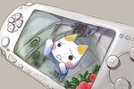  animal cat doko_demo_issho fourth_wall fuju handheld_game_console inoue_toro no_humans playstation_portable product_placement sad solo sony 