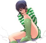  black_hair boots dress earrings glasses hairu jewelry legs nico_robin one_piece one_piece:_strong_world shirt sitting solo striped striped_shirt sweater sweater_dress 