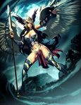  black_hair chain copyright_request genzoman hair_over_one_eye long_hair moon navel polearm shield solo spear thighhighs weapon wings 
