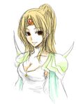  1girl blonde_hair breasts brown_eyes cleavage female final_fantasy final_fantasy_iv long_hair monochromism ponytail rosa_farrell shoulder_pads smile solo tiara white_background 
