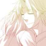  back closed_eyes gradient horn hoshiguma_yuugi hug lowres mizuhashi_parsee monochrome multiple_girls pink rex_k short_hair simple_background smile touhou yuri 