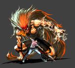  aotsuki_ushio beast_spear black_hair demon diolemonde electricity fangs grin highres long_hair male_focus muscle polearm red_eyes simple_background smile solo spear tora_(ushio_to_tora) ushio_to_tora very_long_hair weapon 