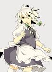  bad_id bad_pixiv_id braid green_eyes hairband izayoi_sakuya maid oguro_(moyashi_2-hon) ribbon short_hair silver_hair solo thighhighs touhou twin_braids 