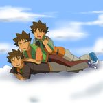  alternate_costume brown_hair closed_eyes cloud male_focus multiple_boys multiple_persona niwatori_(proper) pokemon pokemon_(anime) pokemon_(classic_anime) pokemon_ag pokemon_dp_(anime) sky smile takeshi_(pokemon) tan time_paradox 