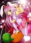  animal_ears between_breasts breasts bunny_ears carrot foreshortening hands long_hair necktie pink_hair pointing red_eyes red_neckwear reisen_udongein_inaba saipin skirt solo thighhighs touhou 