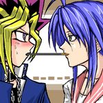  blue_hair blush food genderswap genderswap_(ftm) green_eyes izumi_konata long_hair lowres lucky_star multiple_boys mutou_yuugi niconico niconico_rpg pocky pocky_kiss shared_food yuu-gi-ou yuu-gi-ou_duel_monsters 