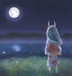  barefoot blue_hair ex-keine fireflies from_behind grass horns japanese_clothes kamishirasawa_keine kimono kyuu_umi long_hair moon night night_sky reflection silver_hair sky solo standing star_(sky) starry_sky touhou white_hair younger 