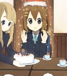  black_eyes blonde_hair brown_eyes brown_hair cake cup face food hat hirasawa_yui k-on! kotobuki_tsumugi long_hair multiple_girls nasuna pastry santa_hat school_uniform short_hair sparkle teacup 