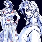  1girl angry blood blue chain clenched_hand clenched_teeth cuffs dual_persona genderswap genderswap_(ftm) hand_on_hip horn hoshiguma_yuugi long_hair monochrome oni pointy_ears rex_k spot_color teeth touhou 