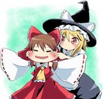  =_= bad_id bad_pixiv_id blonde_hair blush bow brown_hair cheek_pinching hair_bow hakurei_reimu hat kirisame_marisa massala multiple_girls outstretched_arms pinching red_eyes ribbon short_hair simple_background sleeves_past_wrists spread_arms staring teardrop touhou witch_hat 