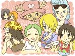  antlers black_hair blonde_hair blue_hair blush breasts cigarette cleavage closed_eyes eating eyewear_on_head facial_scar franky genderswap genderswap_(mtf) goggles goggles_on_head green_hair hat heart jewelry monkey_d_luffy multiple_girls nami_(one_piece) nico_robin one_piece open_mouth orange_hair overalls pink_hat pointy_nose roronoa_zoro salad sanji scar shirt short_hair single_earring smoking sunglasses tears tomato tony_tony_chopper top_hat translation_request usopp whisk white_shirt yawning yukke 