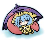  animal_costume animal_print blue_hair chibi costume karakasa_obake purple_umbrella short_hair sleeping solo tatara_kogasa tiger_costume tiger_print tongue touhou umbrella yanagi_(nurikoboshi) 