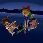  bag blonde_hair bow broom broom_riding brown_hair cat cosplay flying hair_bow hakurei_reimu kiki kiki_(cosplay) kirisame_marisa laughing long_hair majo_no_takkyuubin maku_(wasabishock) multiple_girls night parody smile touhou yellow_eyes 