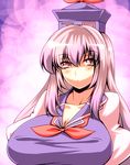 :&lt; blush bow breasts cleavage collarbone covered_nipples hat huge_breasts kamishirasawa_keine long_hair looking_at_viewer puffy_sleeves purple_hair red_eyes shirt solo taut_clothes taut_shirt touhou tro upper_body v-neck 