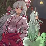  bad_id bad_pixiv_id bamboo bow ex-keine fujiwara_no_mokou full_moon green_hair hair_bow hands_in_pockets horns ibuki_notsu kamishirasawa_keine long_hair moon multiple_girls night red_eyes ribbon smoke suspenders tail touhou 