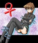  belt blue_eyes boots breasts brown_hair card_pendant genderswap genderswap_(mtf) high_heels kaiba_seto large_breasts shoes takahara_rinko thigh_boots thighhighs venus_symbol yuu-gi-ou yuu-gi-ou_duel_monsters 