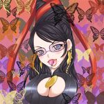  bayonetta bayonetta_(character) black_hair bodysuit breasts bug butterfly candy cleavage cleavage_cutout earrings eyeshadow food glasses grey_eyes huge_breasts insect jewelry lipstick lollipop long_hair makeup mole solo tongue very_long_hair 