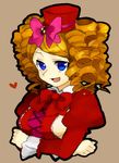  bad_id bad_pixiv_id blonde_hair blue_eyes bow breasts drill_hair frills gaap hat heart kihiro medium_breasts mini_hat mini_top_hat pink_bow sideboob solo top_hat umineko_no_naku_koro_ni upper_body 