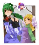  bad_id bad_pixiv_id kochiya_sanae moriya_suwako multiple_girls one_eye_closed scarf thinking touhou yasaka_kanako yuuki_(ashitahare) 