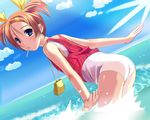  bag bent_over blue_eyes day dutch_angle handbag highres mouth_hold no_pants one-piece_swimsuit orange_hair original outstretched_arms petapettan school_swimsuit short_hair solo spread_arms swimsuit swimsuit_under_clothes twintails wading water white_school_swimsuit white_swimsuit 