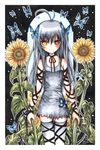  ahoge black_hair blush bug butterfly copyright_request emperpep flower heterochromia insect long_hair red_eyes solo sunflower thighhighs traditional_media watercolor_(medium) yellow_eyes 