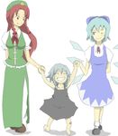  bandaid barefoot braid child cirno cirno-nee grin holding_hands hong_meiling izayoi_sakuya multiple_girls one_eye_closed smile touhou twin_braids younger yukimura 