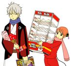  1girl baozi double_bun elizabeth_(gintama) food gintama kagura_(gintama) lowres magazine orange_hair pocky renren sakata_gintoki scarf short_hair shounen_jump silver_hair snack 