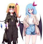 2girls :/ alternate_costume annoyed bangs bat_wings bead_bracelet beads beige_sweater black_jacket black_pants black_shorts blonde_hair blush bow bracelet breasts buckle buttons cigarette closed_mouth collarbone delinquent denim denim_shorts earrings english_commentary eyebrows_visible_through_hair eyelashes eyewear_on_head fashion fingernails flandre_scarlet frills furrowed_brow hair_bow hand_in_pocket hand_on_own_chest hands_in_pockets highres jacket jewelry light_blue_hair long_fingernails long_sleeves looking_to_the_side medium_hair mouth_hold multiple_girls nail_polish necklace one_side_up open_mouth pants red_bow red_eyes red_nails remilia_scarlet shiny shiny_hair shiny_skin shirt shorts siblings side_ponytail sidelocks simple_background sisters small_breasts smoking sseopik standing tattoo thighs touhou white_background white_shirt wings 