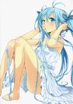  absurdres aqua_eyes aqua_hair bare_shoulders barefoot blue_eyes blue_hair blue_nails buriki denpa_onna_to_seishun_otoko dress feet hands highres long_hair mouth_hold nail_polish ribbon simple_background sitting solo toenail_polish touwa_erio twintails very_long_hair 