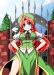  blue_eyes braid breasts china_dress chinese_clothes dress gate hands_on_hips hat highres hong_meiling large_breasts long_hair red_hair smile solo tajima_yuuki touhou twin_braids 