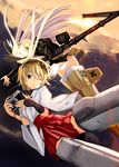  animal_ears bad_id bad_pixiv_id blonde_hair blue_eyes camera cloud flying goggles gun hanna-justina_marseille head_wings highres japanese_clothes katou_keiko multiple_girls nogami_takeshi one_eye_closed purple_hair short_hair sky striker_unit tail weapon white_hair world_witches_series yellow_eyes 