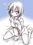  aile bed_sheet blue_background bottomless breasts cleavage dress_shirt gradient gradient_background greyscale hands heart kneeling large_breasts monochrome rockman shirt short_hair sitting sketch solo thighhighs tomoshibi_hidekazu wariza 