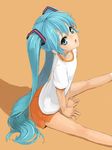  aqua_eyes aqua_hair hatsune_miku kuroko_(piii) long_hair looking_up shorts sitting solo twintails very_long_hair vocaloid 