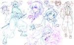  alternate_hairstyle chibi frog fujiwara_no_mokou fujiwara_no_mokou_(young) hakurei_reimu hat inubashiri_momiji kochiya_sanae korean kumoi_ichirin long_hair multiple_girls ponytail rex_k shameimaru_aya short_hair sketch snake sword tokin_hat touhou translated unzan weapon yasaka_kanako 