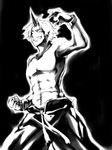  abs black_background clenched_hand cuffs dark genderswap genderswap_(ftm) greyscale grin horn hoshiguma_yuugi male_focus manly monochrome muscle navel pants rex_k shirtless smile smirk solo touhou 