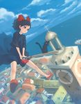  animal black_cat black_hair bob_cut broom broom_riding cat child city clock clock_tower cloud day dress hair_ribbon jiji_(majo_no_takkyuubin) kiki majo_no_takkyuubin ocean ribbon short_hair sky tower weno 