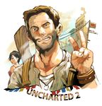  1girl beard black_eyes black_hair brown_hair chloe_frazer facial_hair grin jewelry kyuusugi_toku nathan_drake naughty_dog necklace shirt smile uncharted uncharted_2 v wristband 