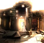  battoraa bloom closed_eyes crack dress ico pillar pointy_ears rubble ruins short_hair solo stone transparent yorda 