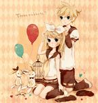  1girl bad_id bad_pixiv_id balloon blonde_hair bow brother_and_sister bunny cage detached_sleeves hair_bow hair_ornament hairpin kagamine_len kagamine_rin mikanniro short_hair shorts siblings twins vocaloid 