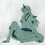  barefoot cuffs cup green horn hoshiguma_yuugi legs long_hair monochrome pointy_ears rex_k sakazuki sandals sarashi shirt short_sleeves sitting skirt smile solo t-shirt touhou 