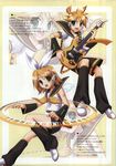  1girl blonde_hair brother_and_sister detached_sleeves guitar hair_ornament hairpin headset highres instrument kagamine_len kagamine_rin morisaki_kurumi scan scan_artifacts shorts siblings twins vocaloid 