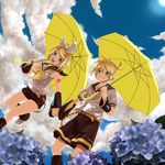  1girl artist_request blonde_hair blue_eyes brother_and_sister cloud day flower headphones headset highres holding_hands hydrangea kagamine_len kagamine_rin shorts siblings sky sun twins umbrella vocaloid 