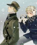  2boys axis_powers_hetalia blonde_hair blue_eyes coda_(kinoko-da) earmuffs germany_(hetalia) male military military_uniform multiple_boys pixiv_thumbnail prussia_(hetalia) red_eyes resized scarf short_hair snow uniform white_hair 