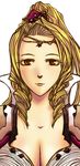  1girl blonde_hair breasts brown_eyes cleavage female final_fantasy final_fantasy_iv hair_ornament kalkkan long_hair ponytail rosa_farrell shoulder_pads simple_background solo tiara white_background 