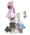  alice_margatroid blonde_hair blue_eyes book book_stack book_tower boots bow crescent dress hair_bow hair_ribbon hairband hat ico_(engawa_roman) multiple_girls patchouli_knowledge purple_eyes purple_hair reading ribbon shanghai_doll short_hair sitting touhou wings 