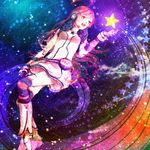  ahoge android belt boots dress gloves headphones headset kneehighs long_hair multicolored multicolored_clothes multicolored_legwear red_eyes red_hair robot_joints sf-a2_miki smile socks solo star striped striped_gloves striped_legwear tottsuan vocaloid wrist_cuffs 