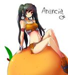  arancia bare_shoulders black_hair food fruit legs long_hair lowres midriff miniskirt orange orange_(color) orange_skirt original skirt smile solo twintails 