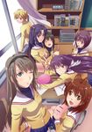  6+girls bad_id bad_pixiv_id book clannad dango_daikazoku fujibayashi_kyou fujibayashi_ryou furukawa_nagisa hatsuichi hikarizaka_private_high_school_uniform ibuki_fuuko ichinose_kotomi multiple_girls one_eye_closed sakagami_tomoyo school_uniform shelf siblings sisters sunohara_youhei twins v window 