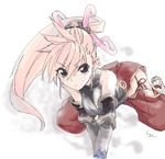  armor bad_id bad_pixiv_id black_eyes copyright_request earrings hage japanese_clothes jewelry kneeling long_hair oekaki pink_hair ponytail solo 